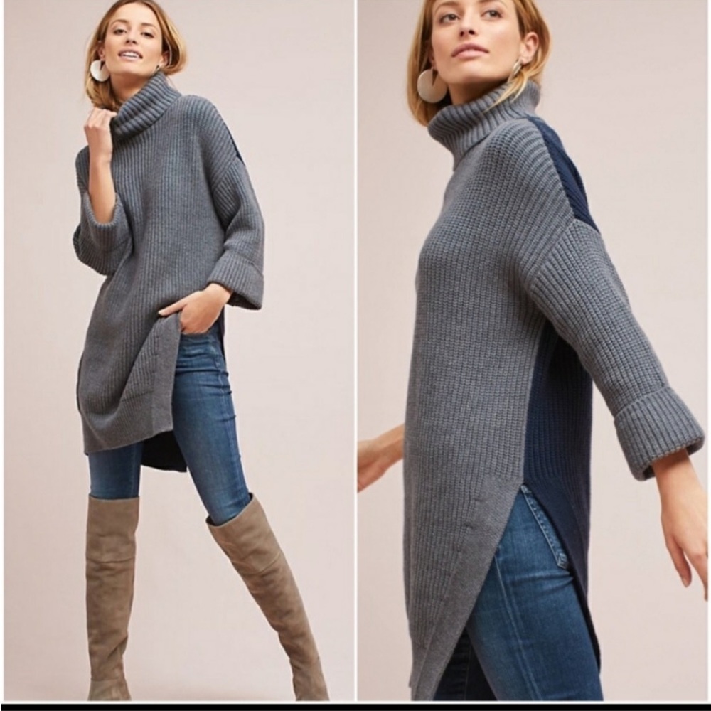 Moth Ribbed Tunic Sweater Womens XS Turtleneck Ckunky Knit Wool Preppy Longline